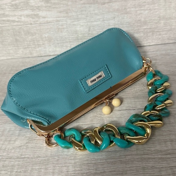 Miu Miu Handbags - Miu Miu Parfums Collection Tiffany Blue Clutch Gold Kiss-lock Patent Finish